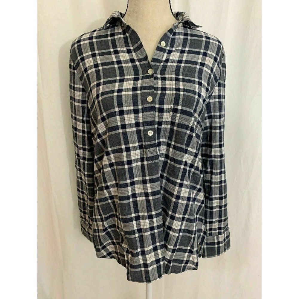 Women's Navy and White Plaid Button-Front Shirt